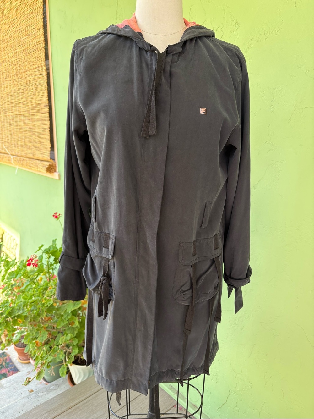 Fila Silk Black Hooded Utility Parka with Coral Lining